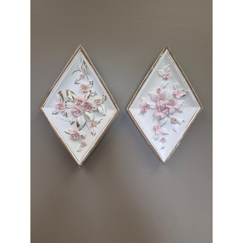 Vintage‎ Lefton Bisque Porcelain Floral Wall Plaques Pink Roses Gold Trim Pair